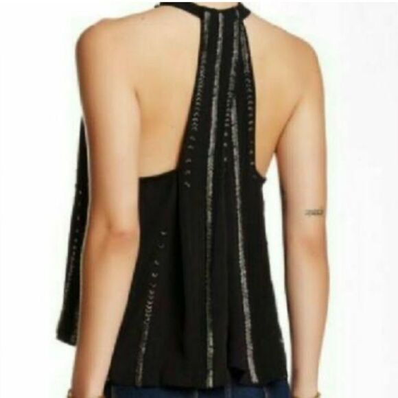 Free People Black Shimmer and Shine Beaded Racerback Tank Top Blouse. Large - Picture 2 of 2